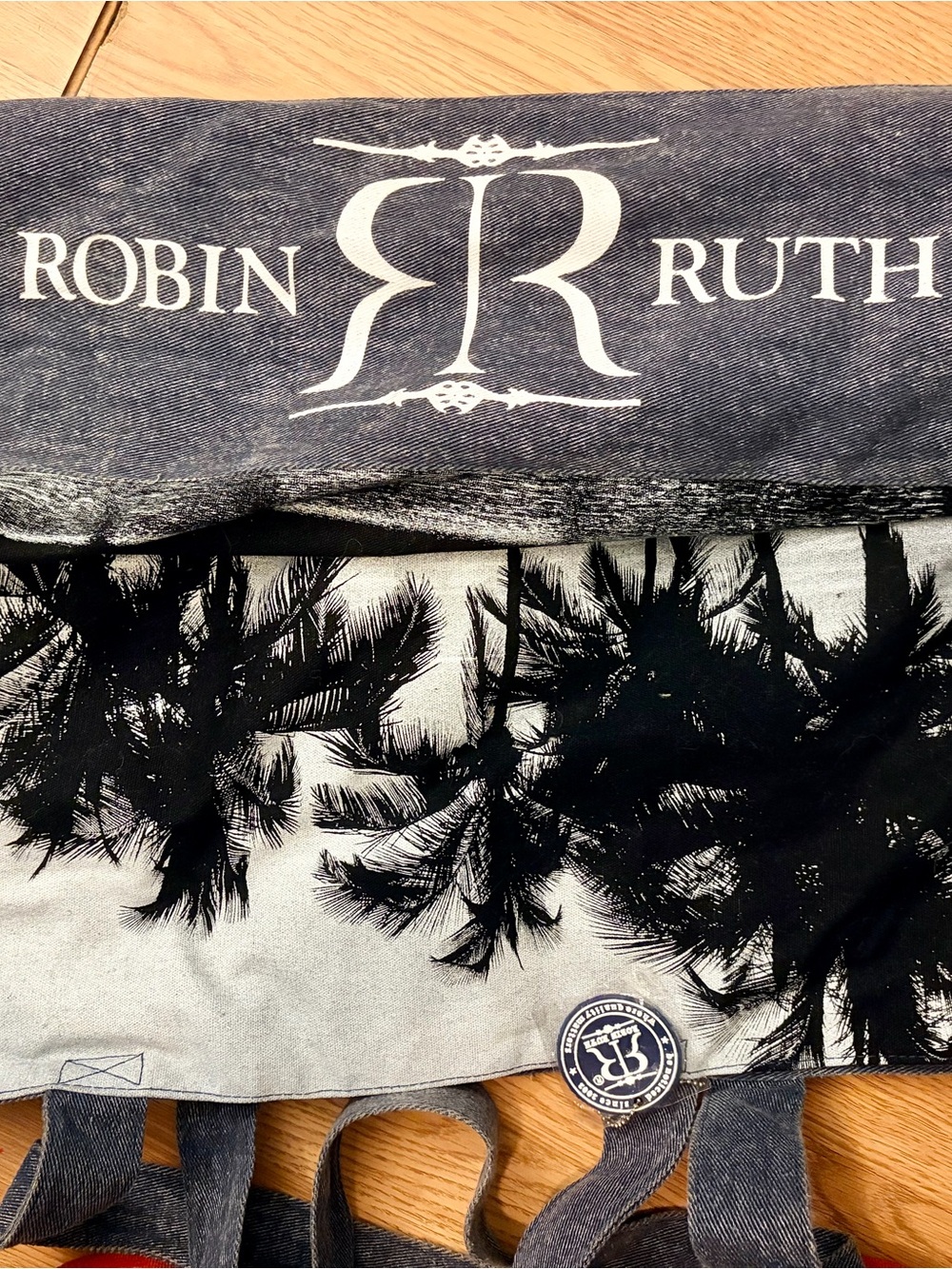 Robin Ruth Blue Denim Tote with Black Palm Print
